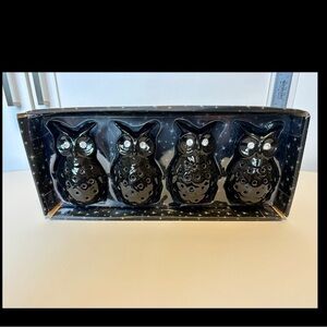 Ceramic Black Owl Tealight Candle Holder With Rhinestones - New! Set Of 4